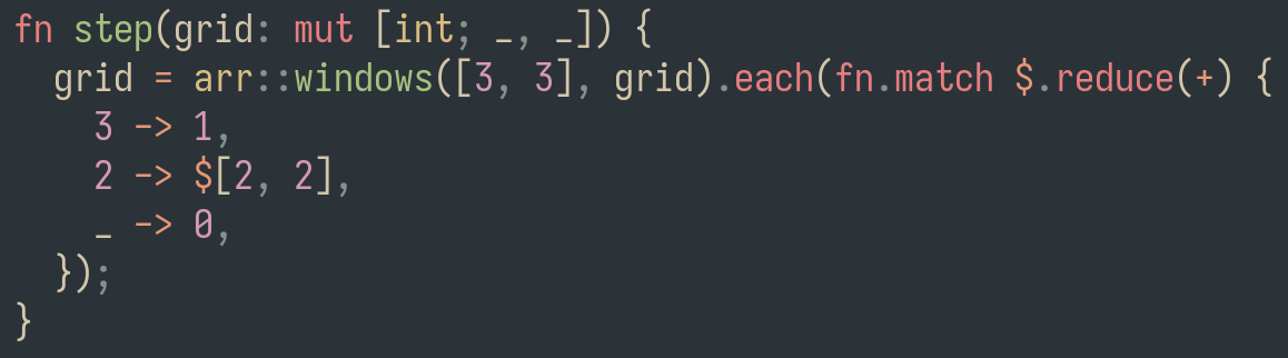 Image showing two function definitions in arp, for updating a Game of Life grid.