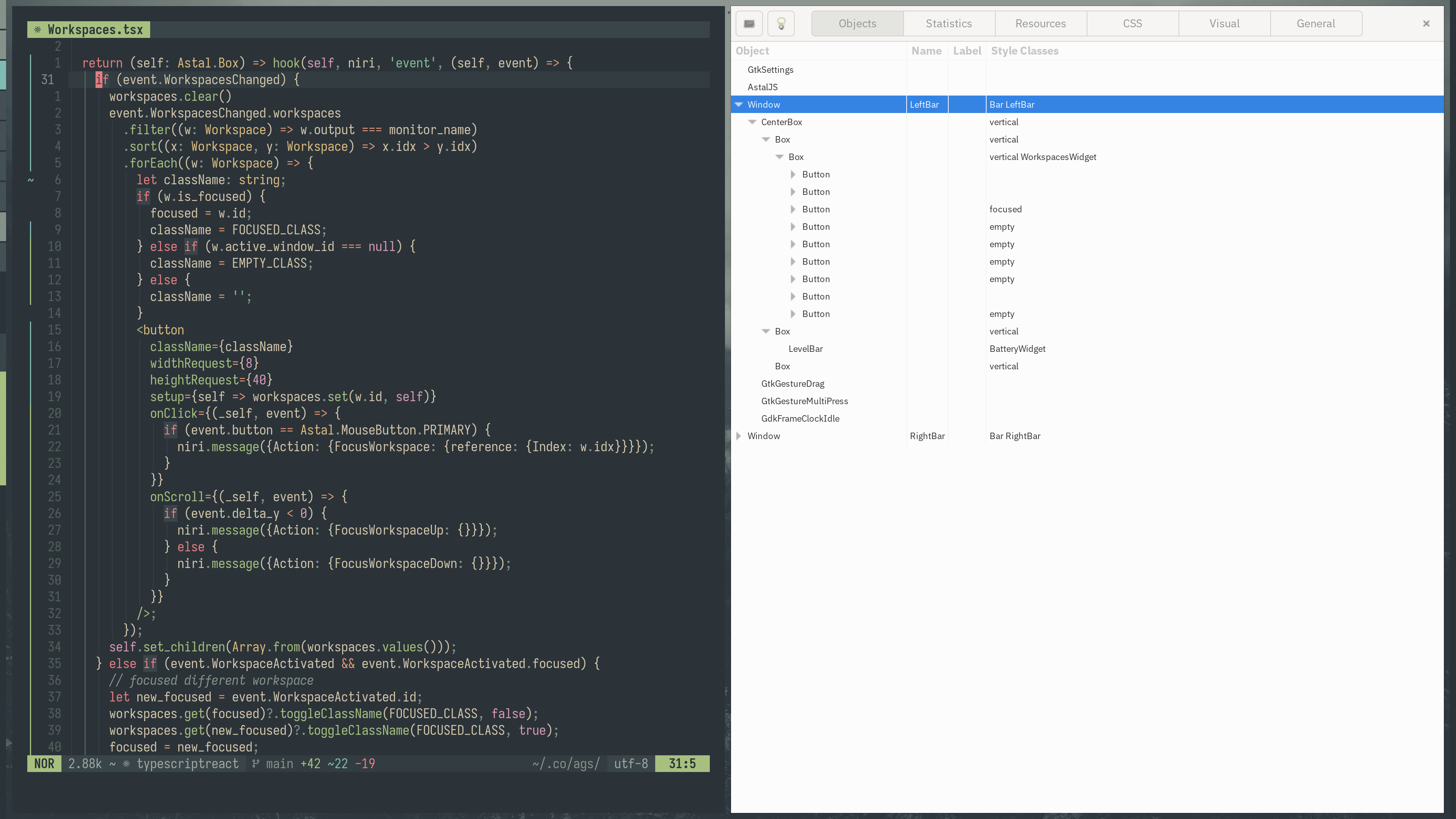 Image showing two windows open on a desktop accompanied by a thin information panel on the left; one is a code editor editing a TypeScript file, and the other is a GTK widget inspector showing the widget hierarchy.