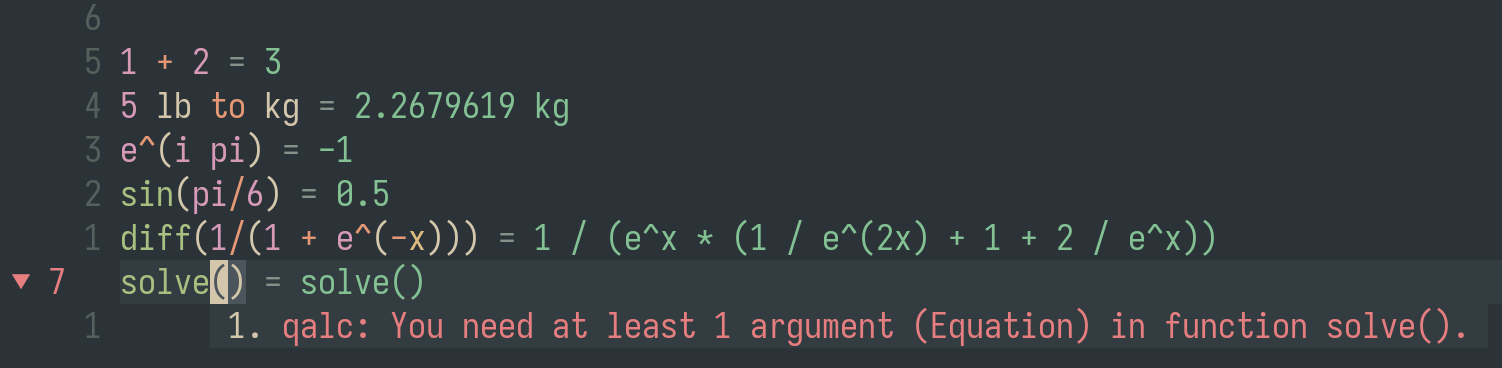 Image showing qalc.nvim evaluating arithmetic, derivatives, and reporting errors in user input.