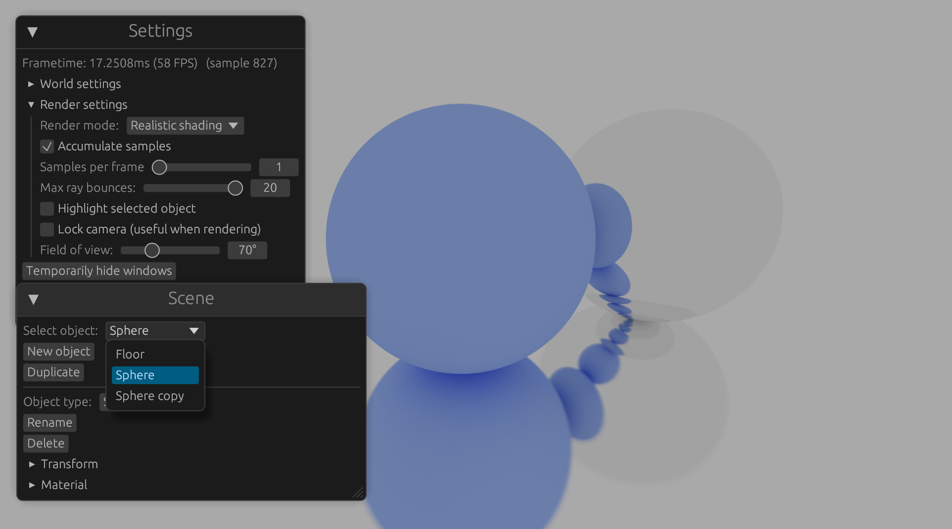 Image showing three objects: a matte sphere, a reflective sphere, and a reflective surface. The reflective objects can be seen within each others' reflections. On the left, there are two floating windows for modifying the scene.